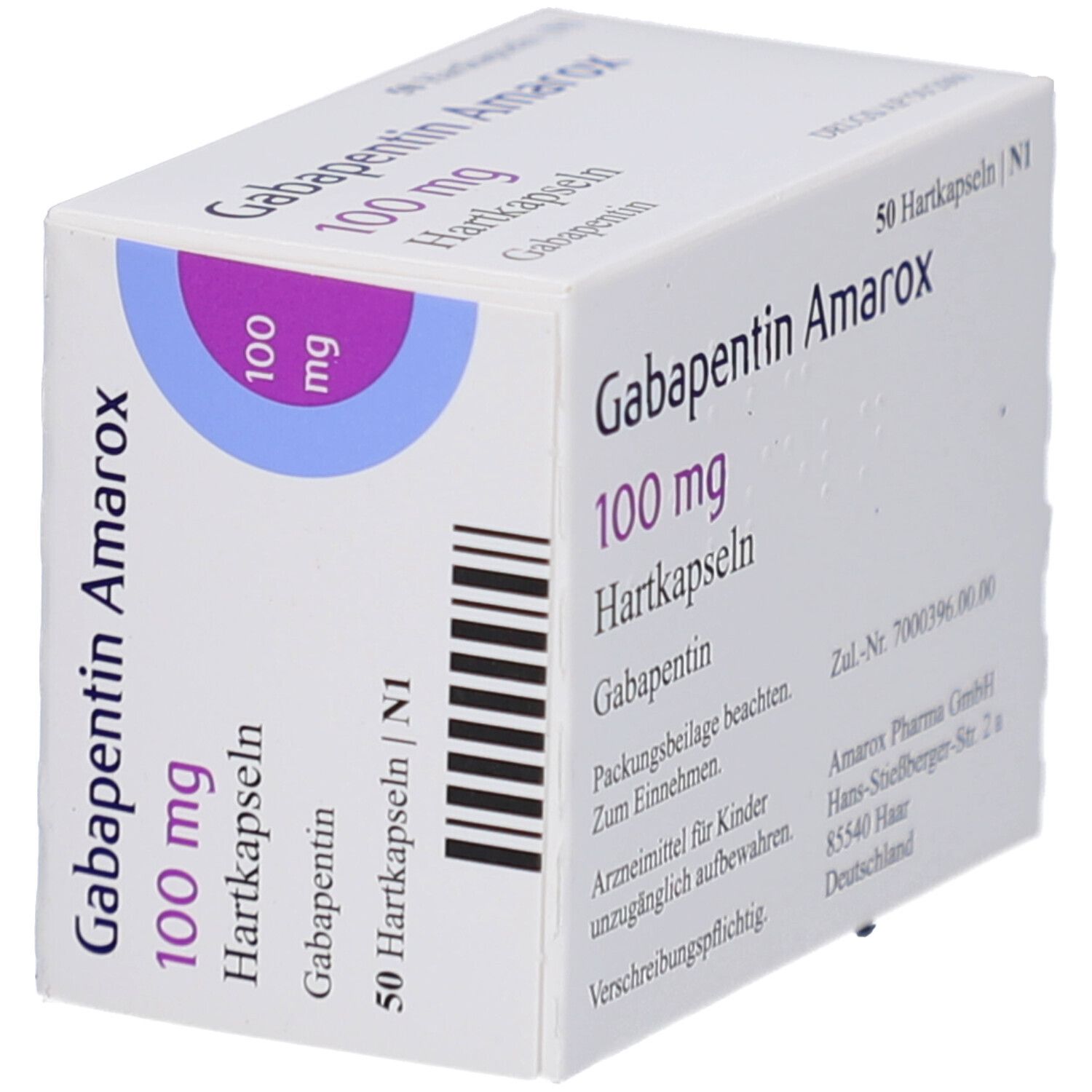 Schachtel 'Gabapentin Amarox 100 mg Hartkapseln'. 50 Hartkapseln. Text in Deutsch. Marke Amarox. Schräge Ansicht.