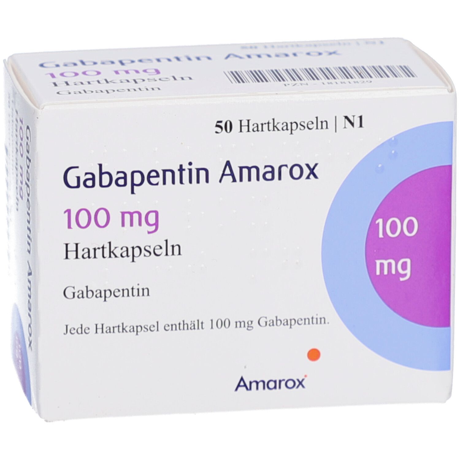 Schachtel 'Gabapentin Amarox 100 mg Hartkapseln'. 50 Hartkapseln. Text in Deutsch. Marke Amarox.