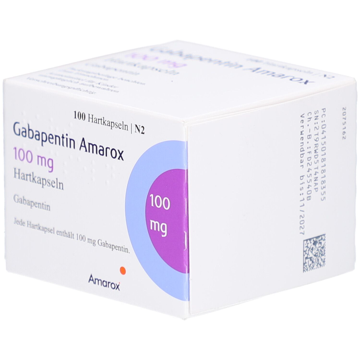 Weiße Arzneimittelverpackung mit Aufschrift Gabapentin Amarox 100 mg Hartkapseln. Blaue und violette Akzente. Packungsinhalt: 100 Hartkapseln.
