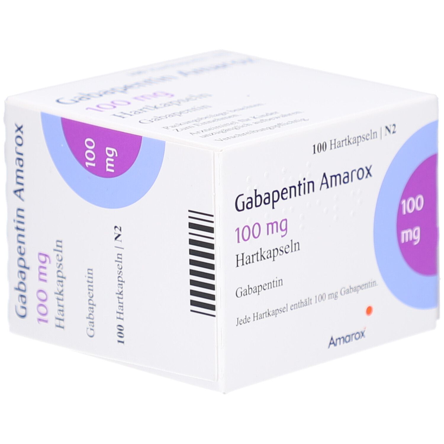 Weiße Arzneimittelverpackung mit Aufschrift Gabapentin Amarox 100 mg Hartkapseln. Blaue und violette Akzente. Packungsinhalt: 100 Hartkapseln.