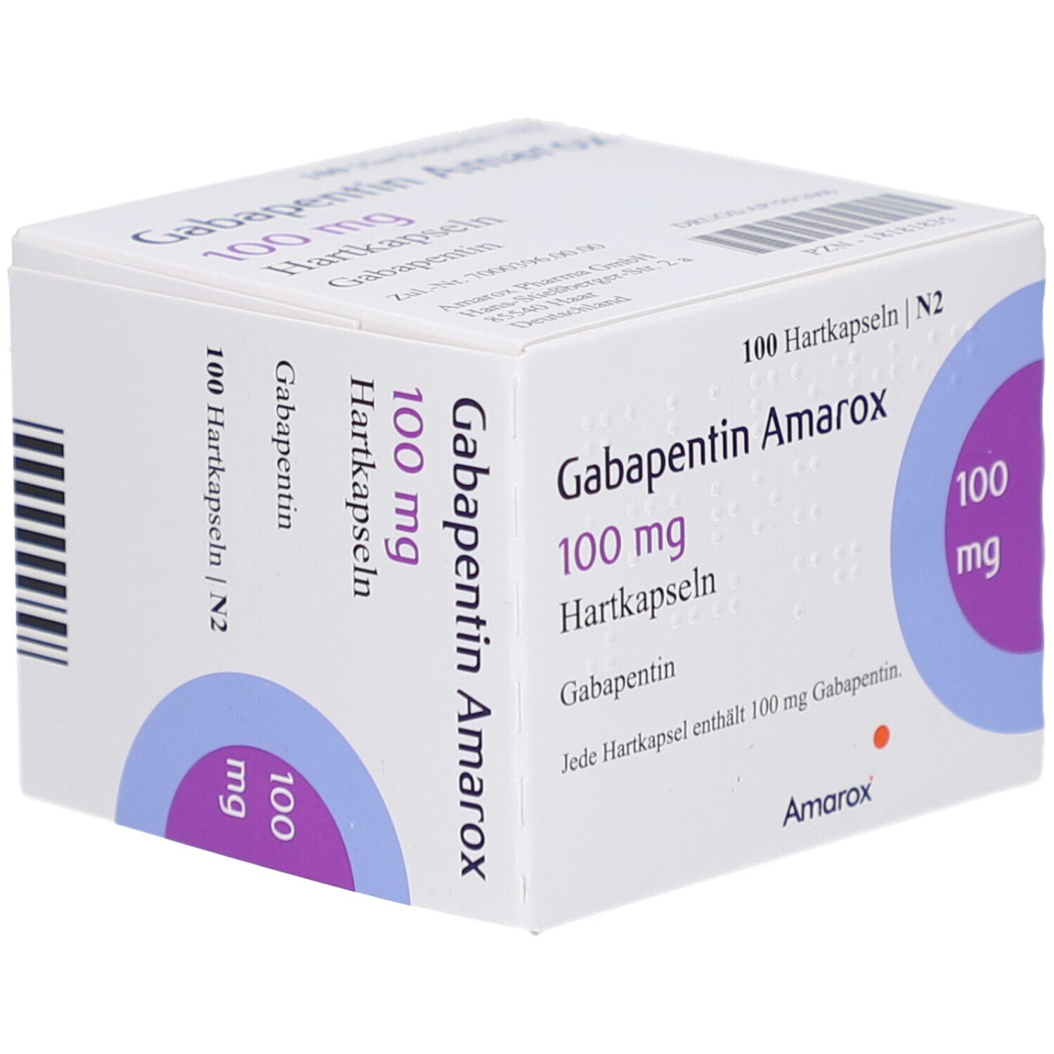 Weiße Arzneimittelverpackung mit Aufschrift Gabapentin Amarox 100 mg Hartkapseln. Blaue und violette Akzente. Packungsinhalt: 100 Hartkapseln.