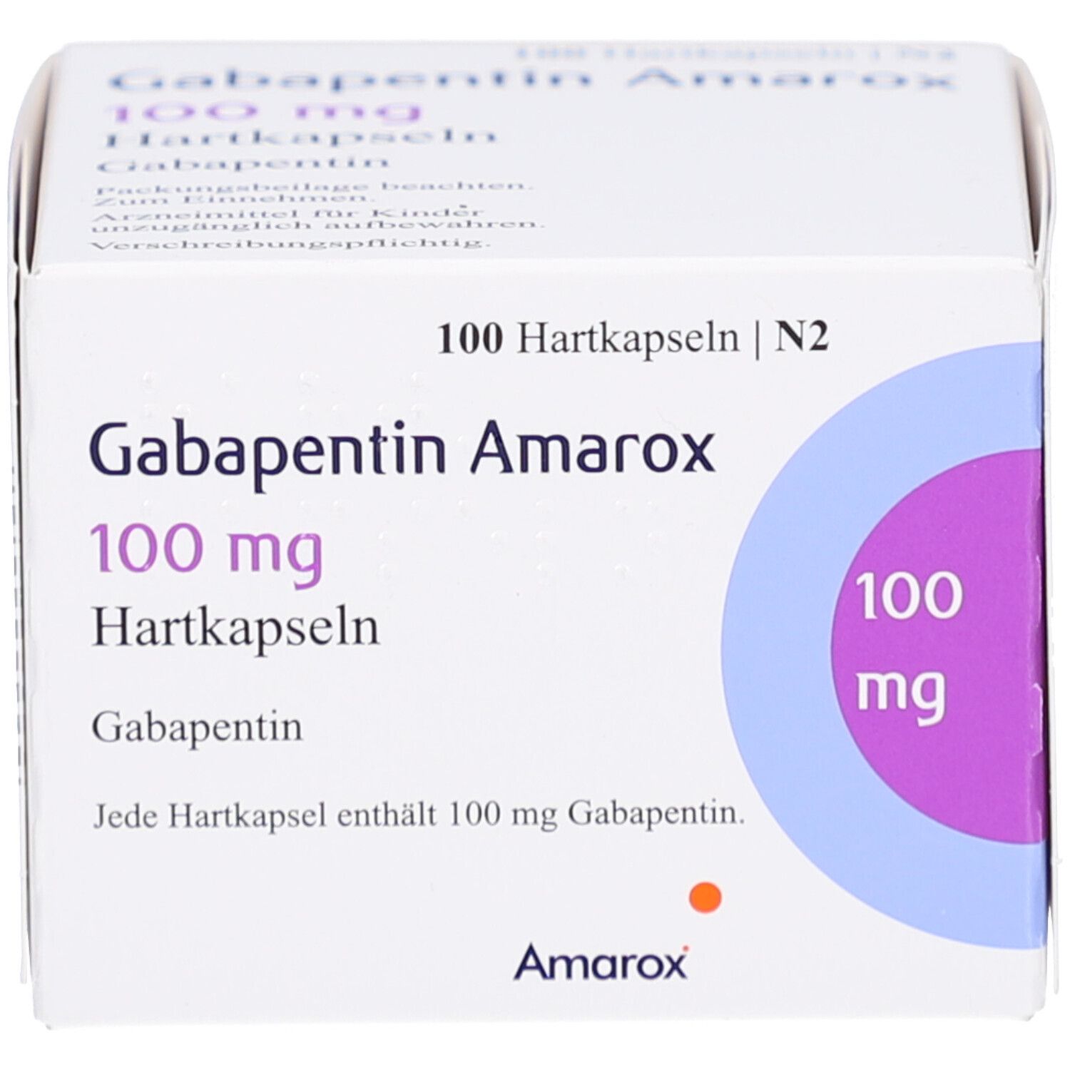 Weiße Arzneimittelverpackung mit Aufschrift Gabapentin Amarox 100 mg Hartkapseln. Blaue und violette Akzente. Packungsinhalt: 100 Hartkapseln.