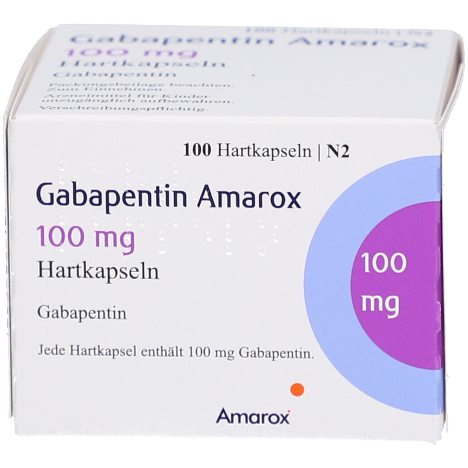 Weiße Arzneimittelverpackung mit Aufschrift Gabapentin Amarox 100 mg Hartkapseln. Blaue und violette Akzente. Packungsinhalt: 100 Hartkapseln.
