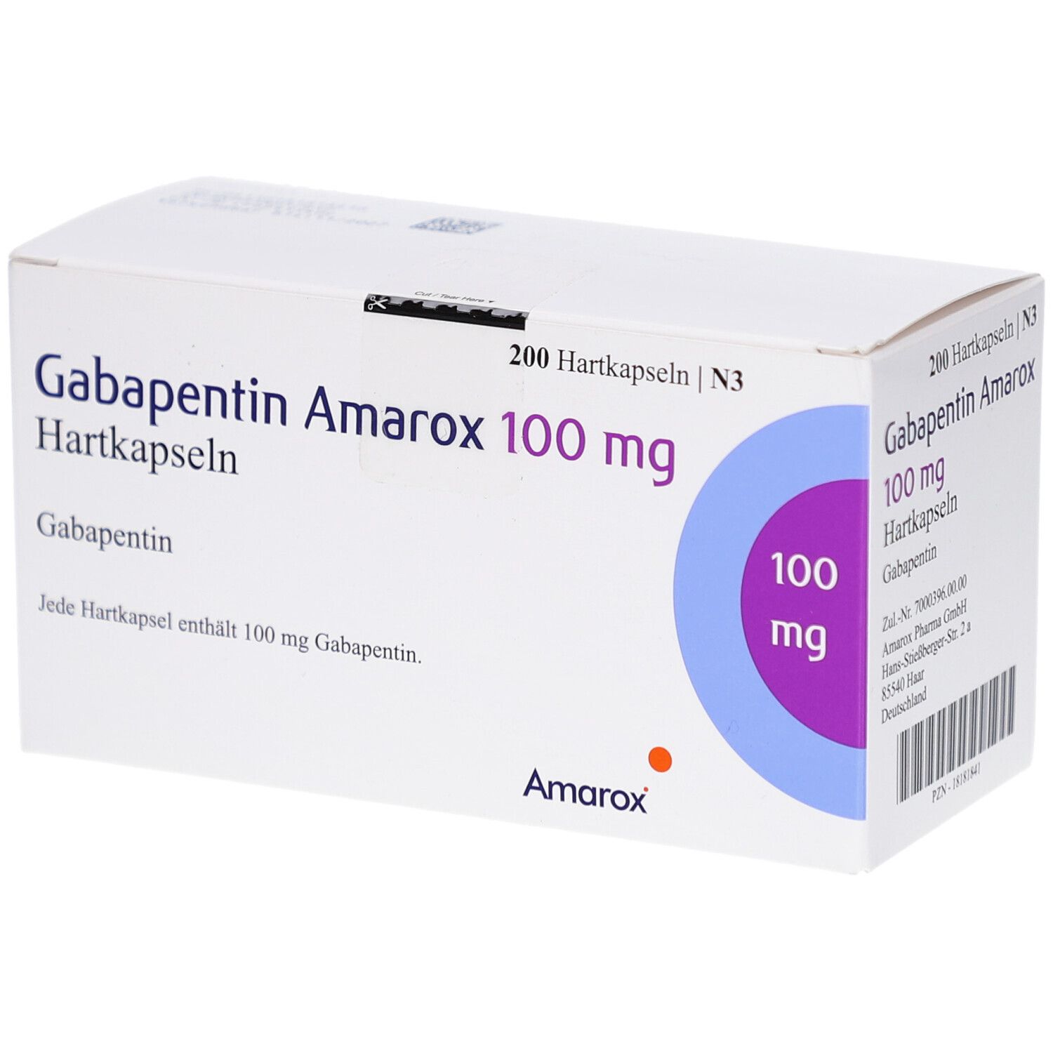 Weiße Arzneimittelverpackung mit blauer und violetter Grafik. Beschriftung: Gabapentin Amarox 100 mg Hartkapseln. Enthält 200 Kapseln.