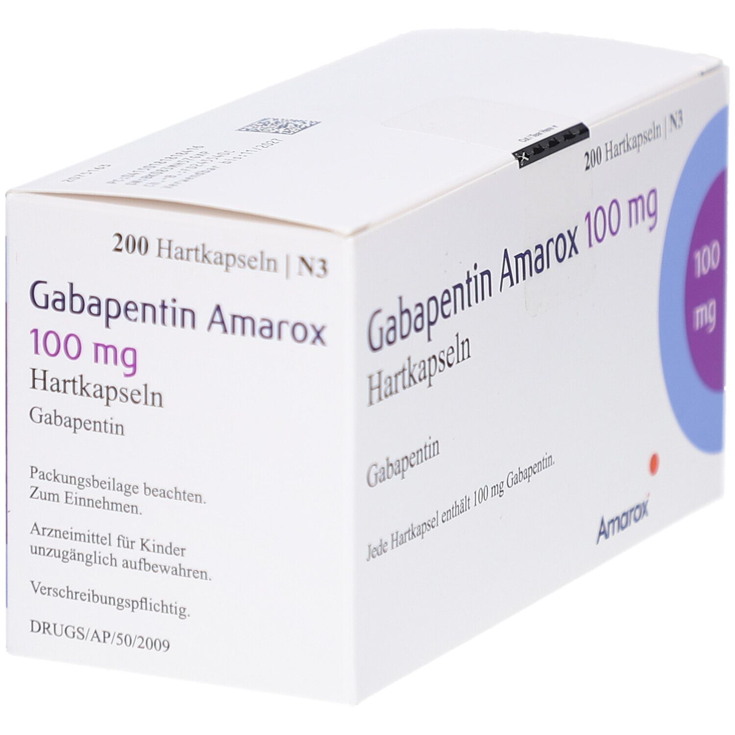 Weiße Arzneimittelverpackung mit Beschriftung: Gabapentin Amarox 100 mg Hartkapseln. Enthält 200 Kapseln. Text auf Deutsch.