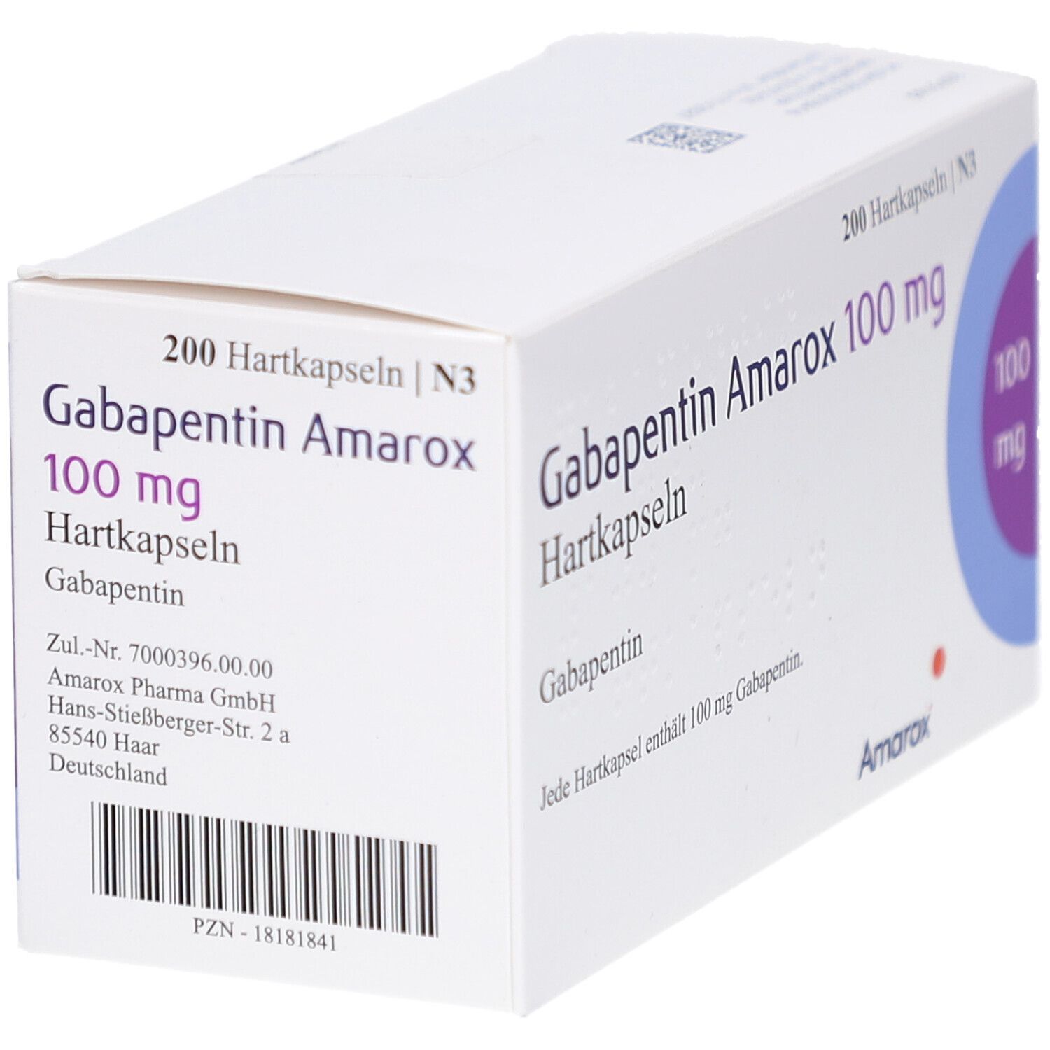 Weiße Arzneimittelverpackung mit Beschriftung: Gabapentin Amarox 100 mg Hartkapseln. Enthält 200 Kapseln. Herstelleradresse.