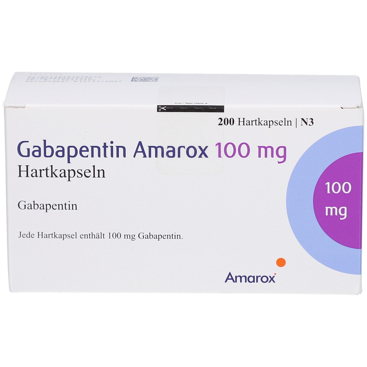 Weiße Arzneimittelverpackung mit Beschriftung: Gabapentin Amarox 100 mg Hartkapseln. Enthält 200 Kapseln. Logo Amarox.