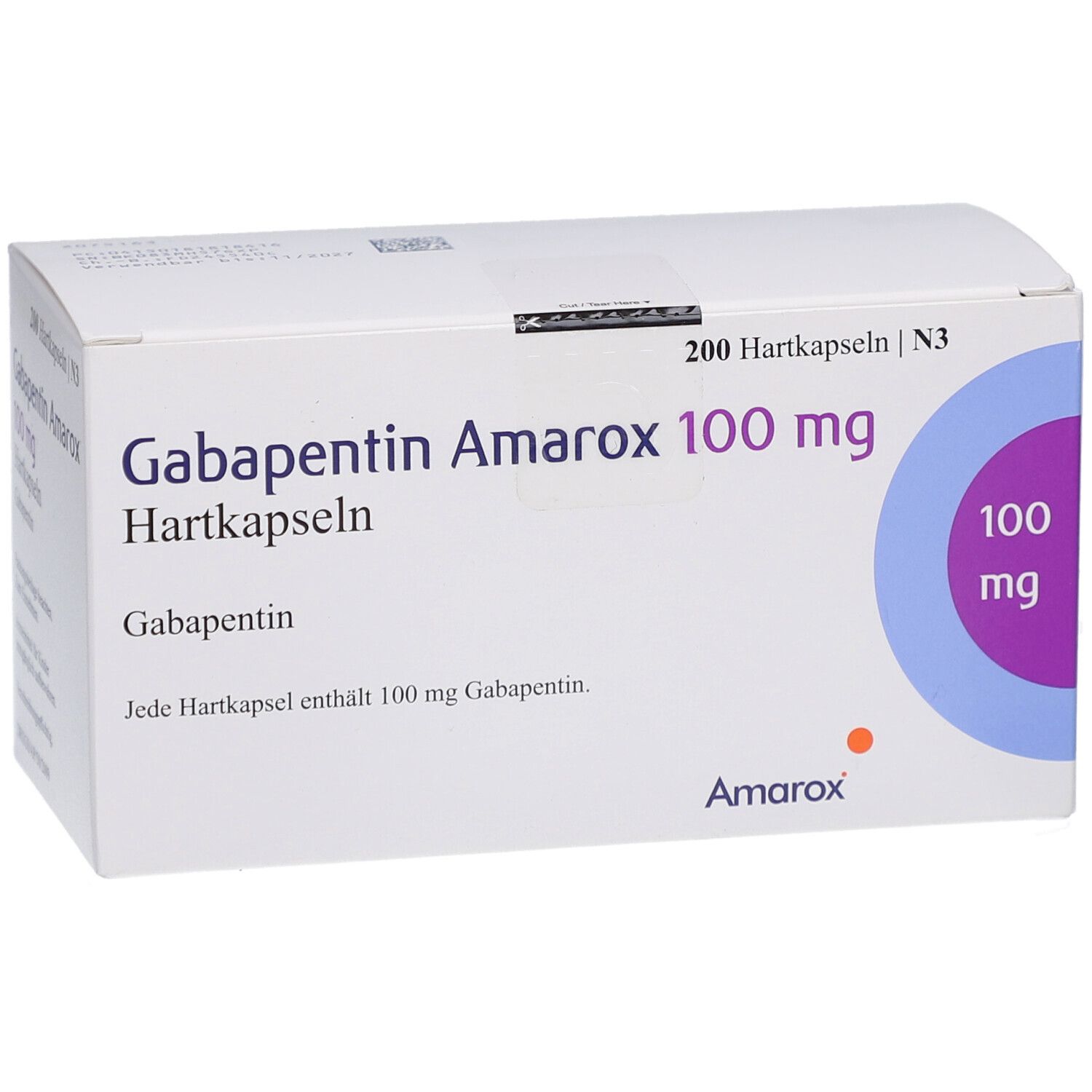 Weiße Arzneimittelverpackung mit Beschriftung: Gabapentin Amarox 100 mg Hartkapseln. Enthält 200 Kapseln. Logo Amarox.