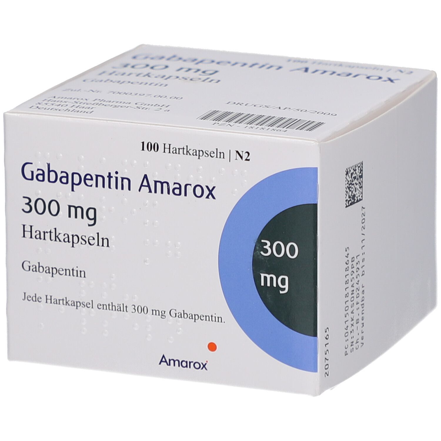Weiße Faltschachtel mit Aufschrift Gabapentin Amarox 300 mg Hartkapseln. Blaue Kreise mit 300 mg. 100 Hartkapseln.