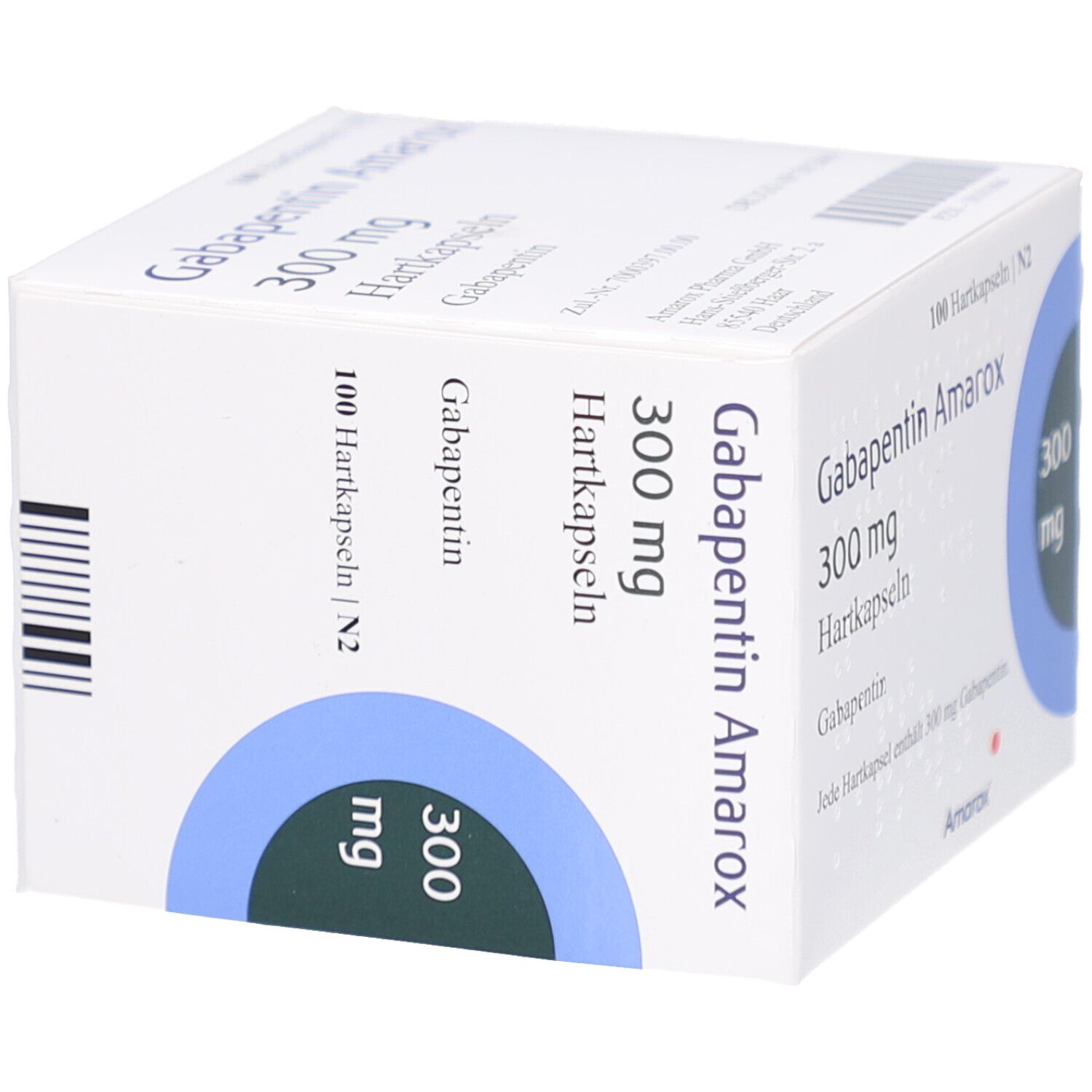 Weiße Faltschachtel mit Aufschrift Gabapentin Amarox 300 mg Hartkapseln. Blaue Kreise mit 300 mg. 100 Hartkapseln.