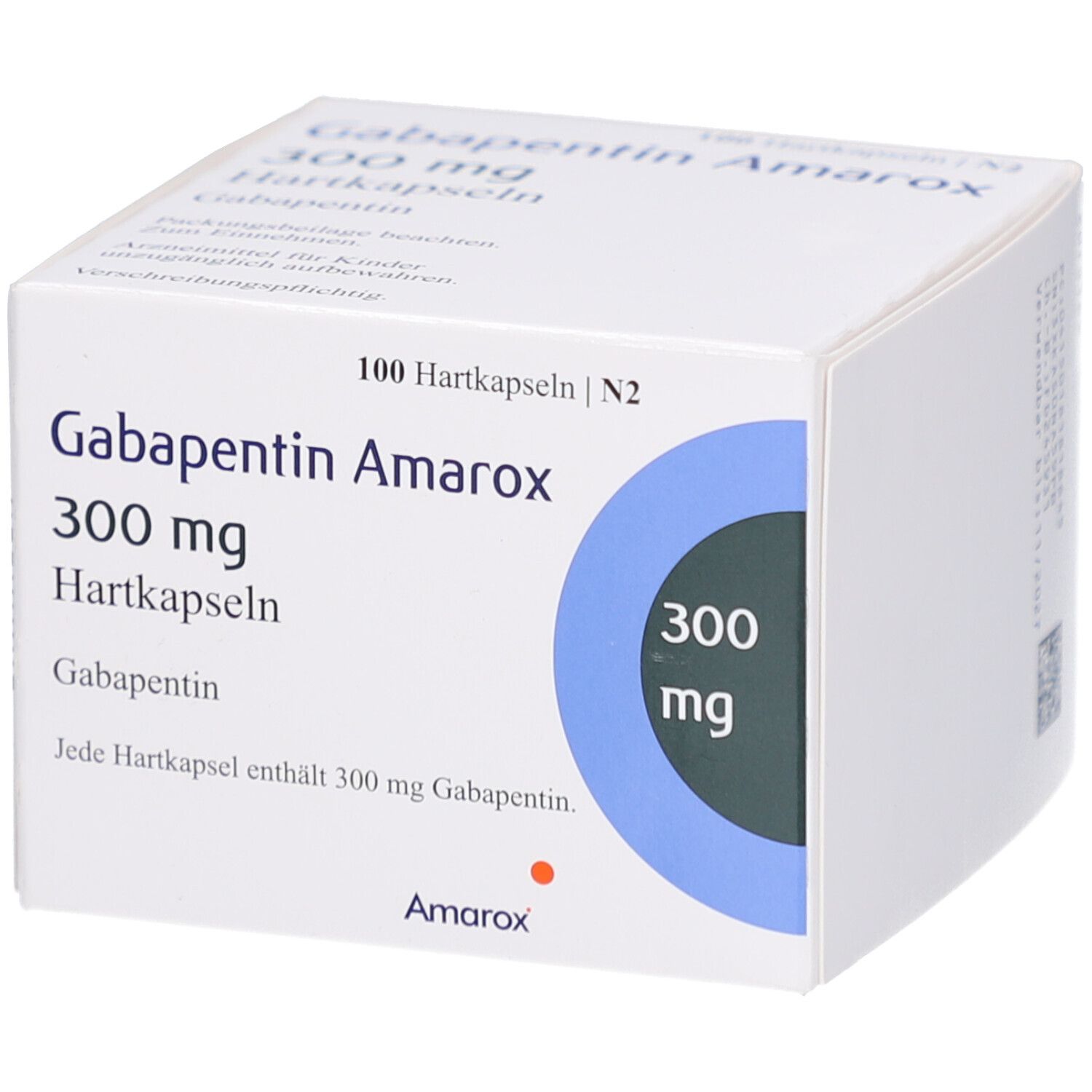 Weiße Faltschachtel mit Aufschrift Gabapentin Amarox 300 mg Hartkapseln. Blaue Kreise mit 300 mg. 100 Hartkapseln.