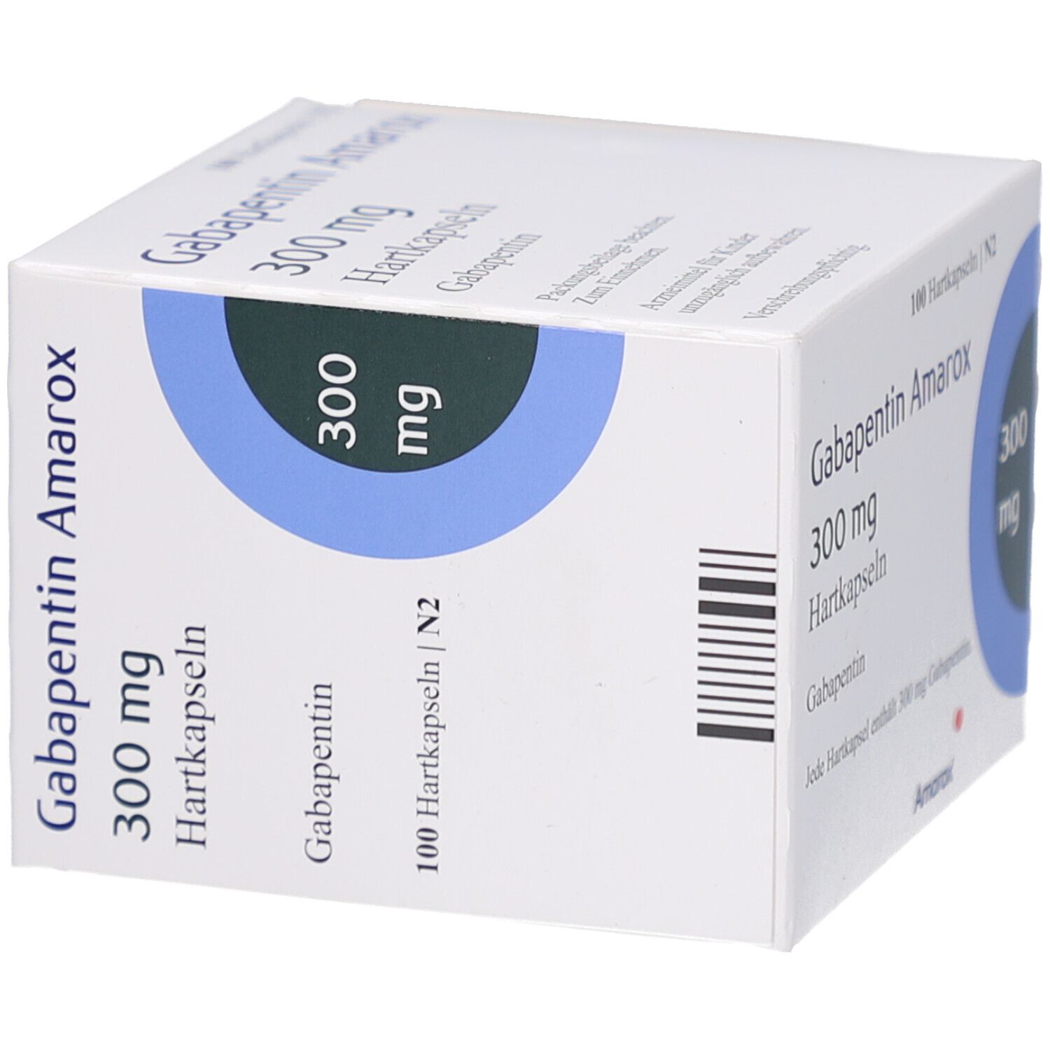 Weiße Faltschachtel mit Aufschrift Gabapentin Amarox 300 mg Hartkapseln. Blaue Kreise mit 300 mg. 100 Hartkapseln.