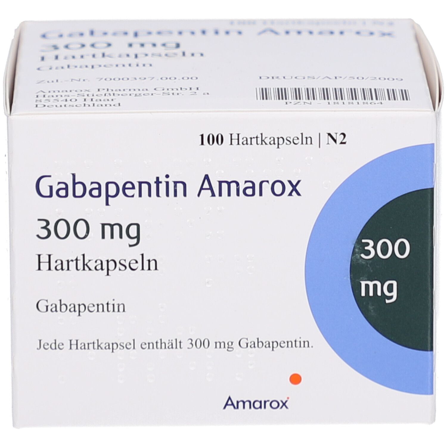 Weiße Faltschachtel mit Aufschrift Gabapentin Amarox 300 mg Hartkapseln. Blaue Kreise mit 300 mg. 100 Hartkapseln.