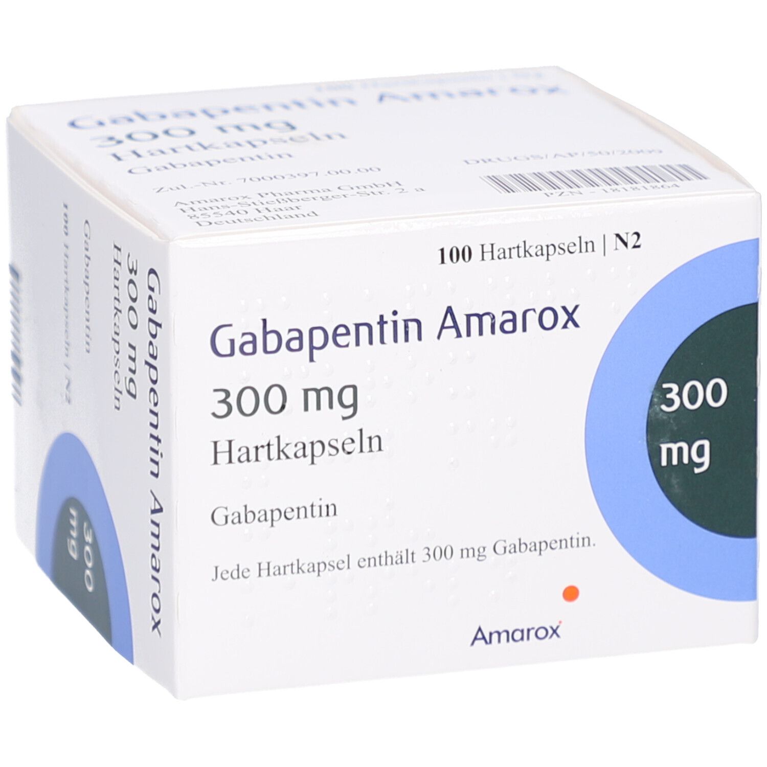 Weiße Faltschachtel mit Aufschrift Gabapentin Amarox 300 mg Hartkapseln. Blaue Kreise mit 300 mg. 100 Hartkapseln.