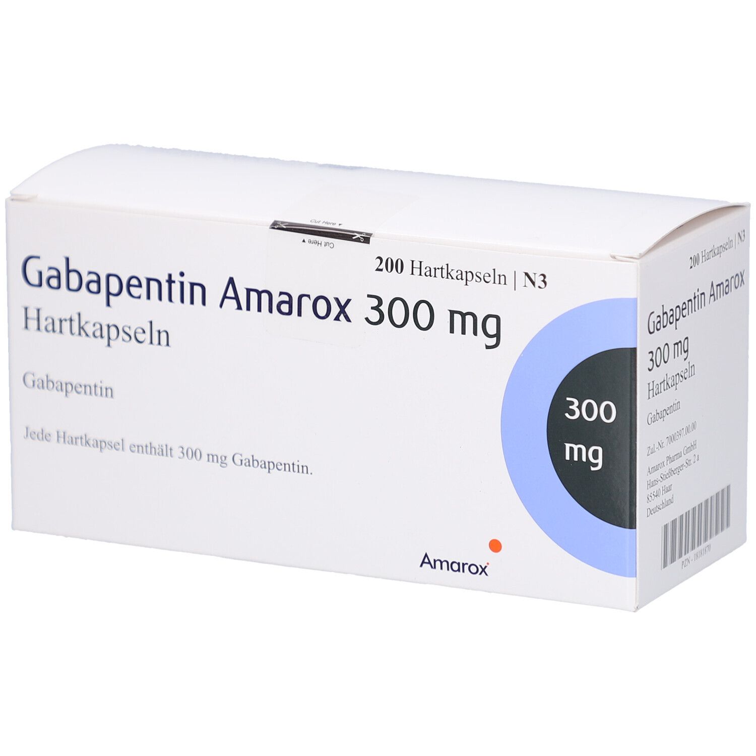 Weiße Arzneimittelverpackung mit Aufschrift 'Gabapentin Amarox 300 mg Hartkapseln'. Blaue Kreisscheibe mit '300 mg'.