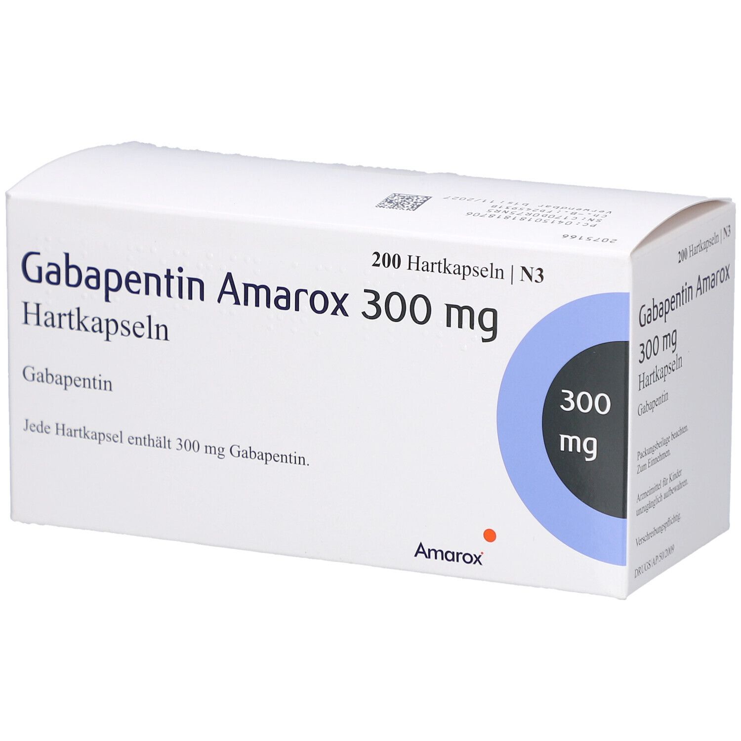 Weiße Arzneimittelverpackung mit 'Gabapentin Amarox 300 mg Hartkapseln'. Blaue Kreisscheibe mit '300 mg'.