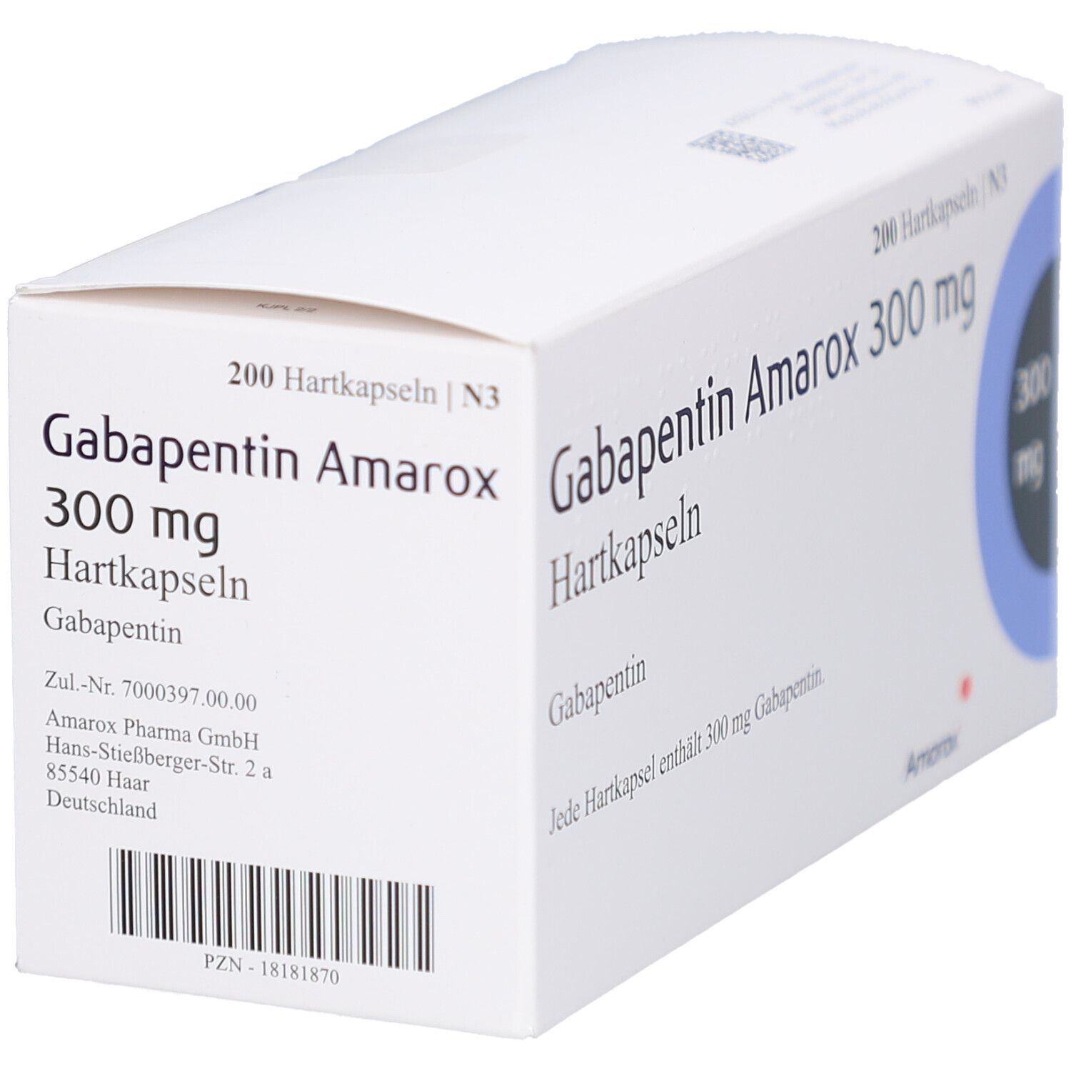 Weiße Arzneimittelverpackung mit 'Gabapentin Amarox 300 mg Hartkapseln'. Blaue Kreisscheibe mit '300 mg'. Rückseite.