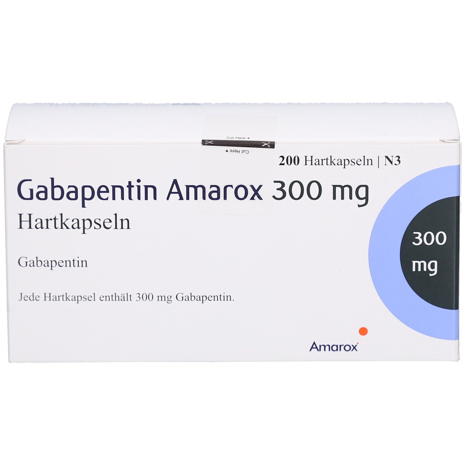 Weiße Arzneimittelverpackung mit 'Gabapentin Amarox 300 mg Hartkapseln'. Blaue Kreisscheibe mit '300 mg'.