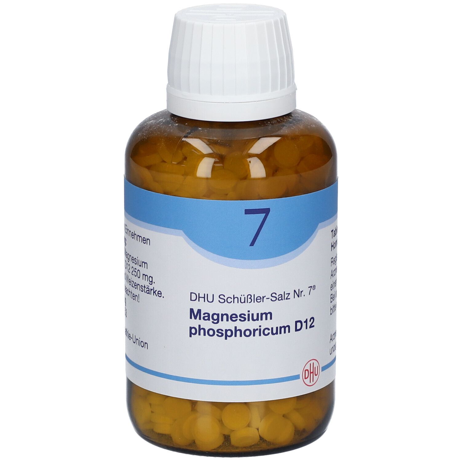 Braune Glasflasche mit weißen Tabletten und weißem Deckel. Blau-weißes Etikett mit Produktinformationen.