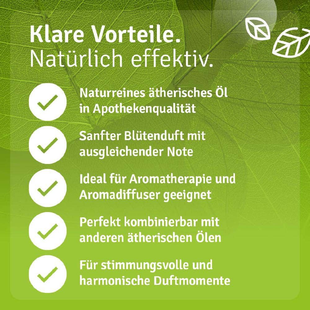 Produktabbildung mit Vorteilen. Casida® Rosengeranie Öl. Text: Naturreines ätherisches Öl, Apothekenqualität, für Aromatherapie.