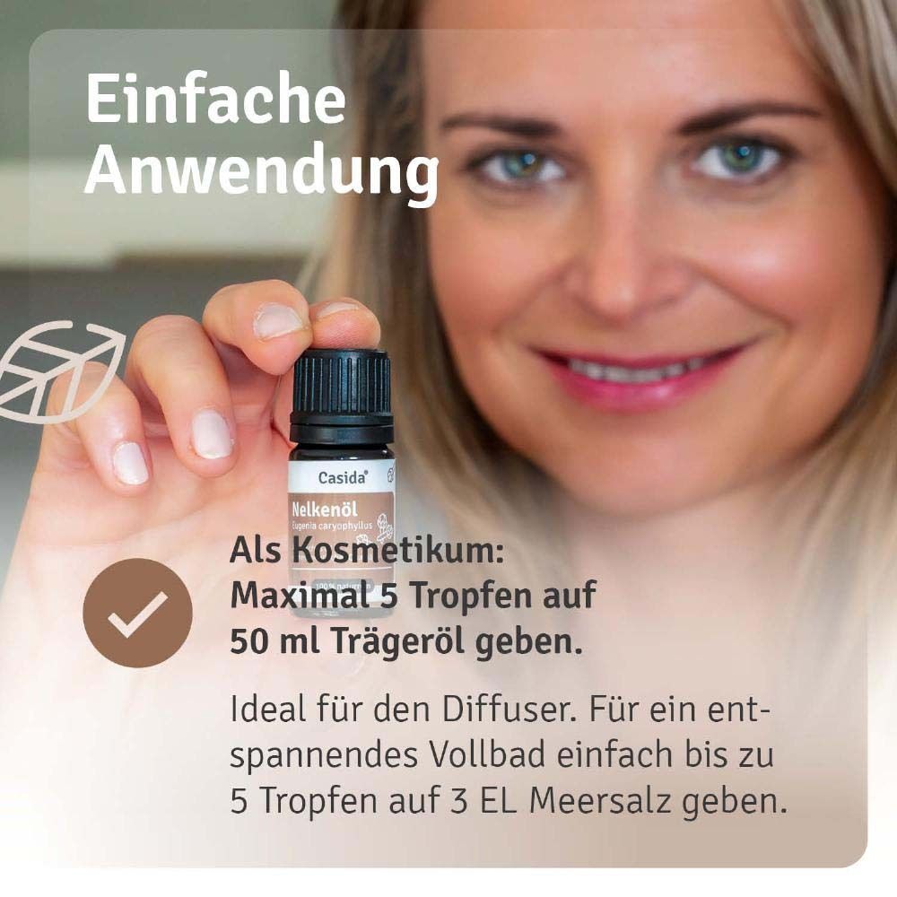 Frau hält Produktflasche. Text: "Einfache Anwendung". Hinweise zur Anwendung als Kosmetikum.