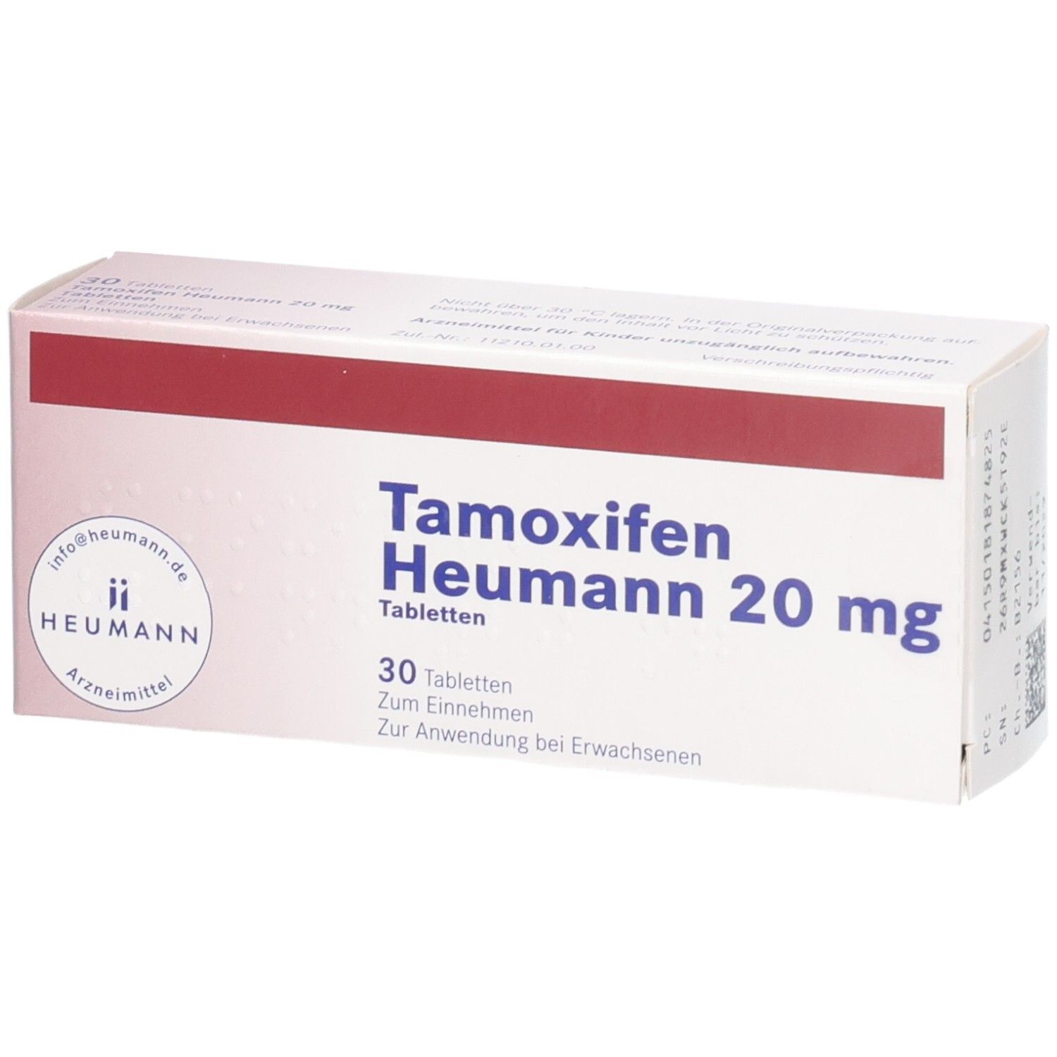 Schachtel mit Tamoxifen Heumann 20 mg Tabletten. Aufschrift: 30 Tabletten. Marke: Heumann.