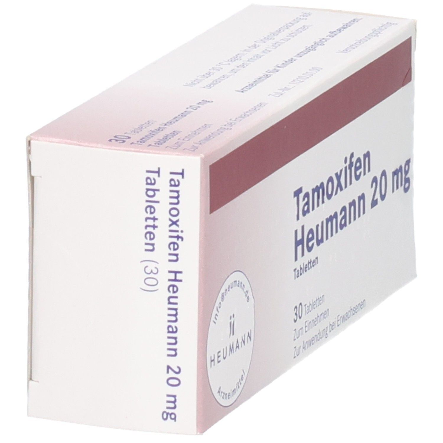 Schachtel mit Tamoxifen Heumann 20 mg Tabletten. Aufschrift: 30 Tabletten. Marke: Heumann. Perspektivische Ansicht.