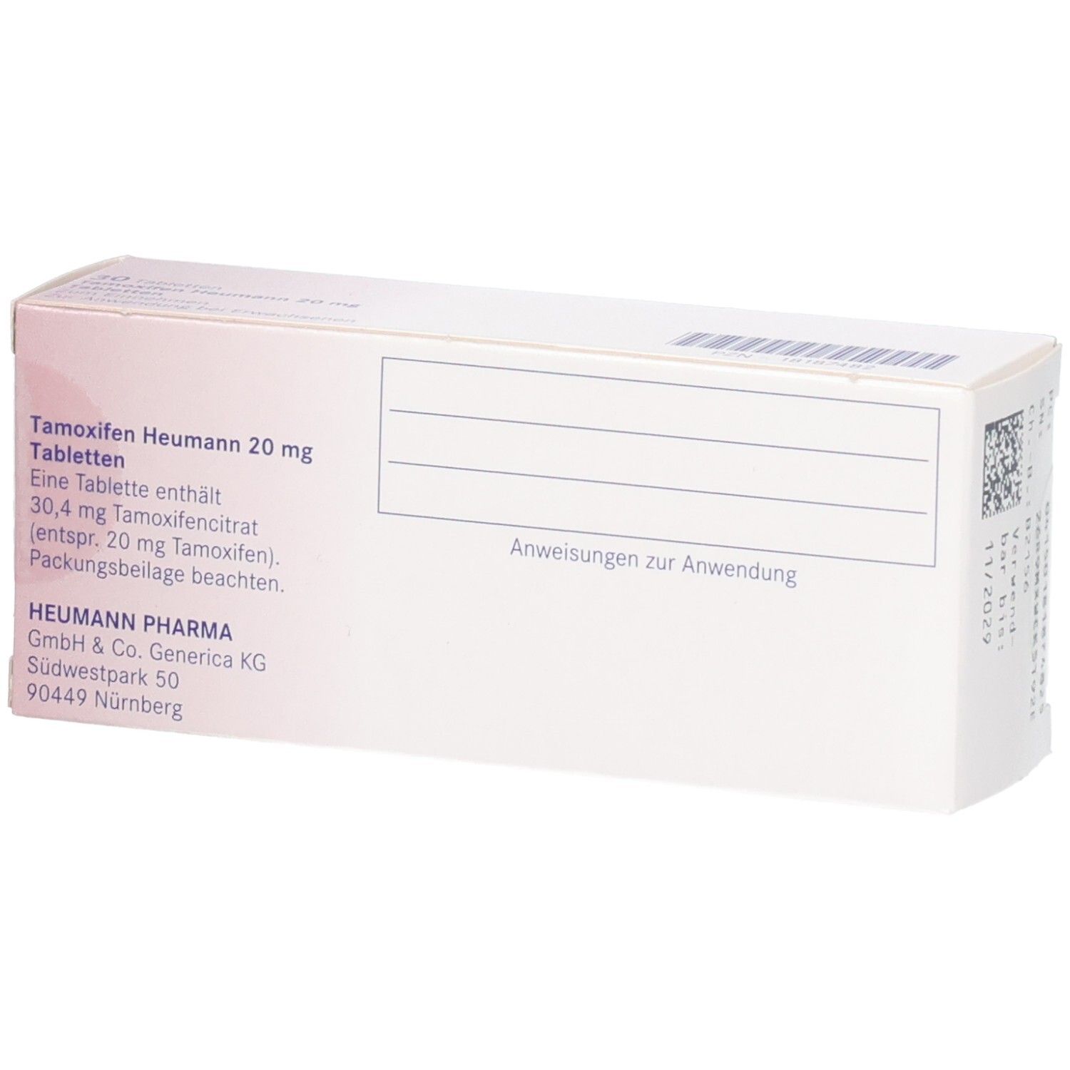 Rückseite der Schachtel mit Tamoxifen Heumann 20 mg Tabletten. Text: Eine Tablette enthält 30,4 mg Tamoxifen.