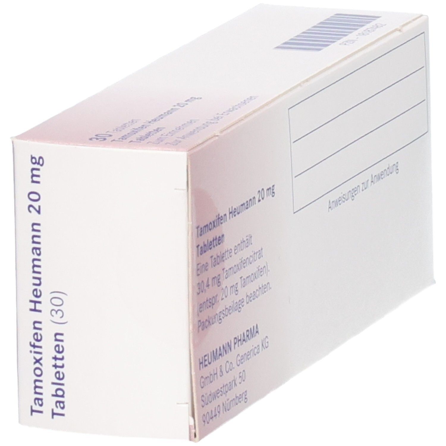 Schachtel mit Tamoxifen Heumann 20 mg Tabletten. Aufschrift: 30 Tabletten. Marke: Heumann. Perspektivische Ansicht.