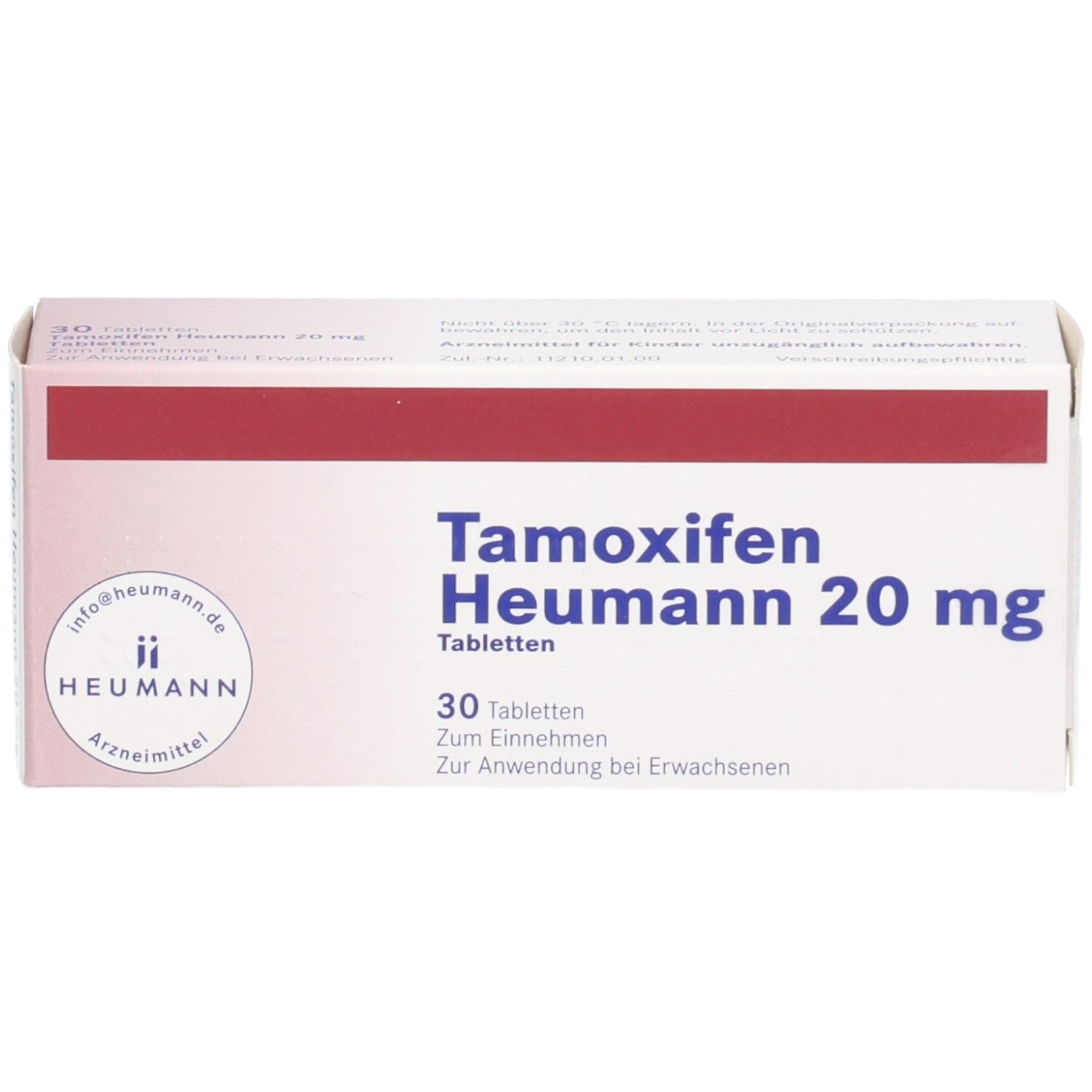 Schachtel mit Tamoxifen Heumann 20 mg Tabletten. Aufschrift: 30 Tabletten. Marke: Heumann.