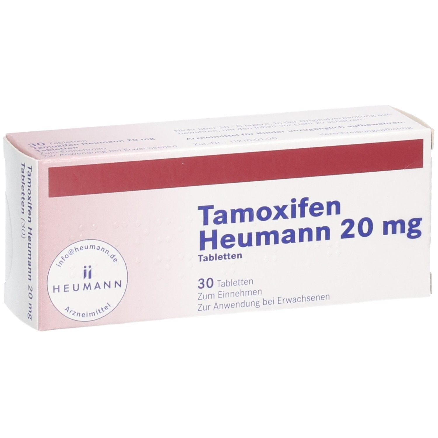 Schachtel mit Tamoxifen Heumann 20 mg Tabletten. Aufschrift: 30 Tabletten. Marke: Heumann.