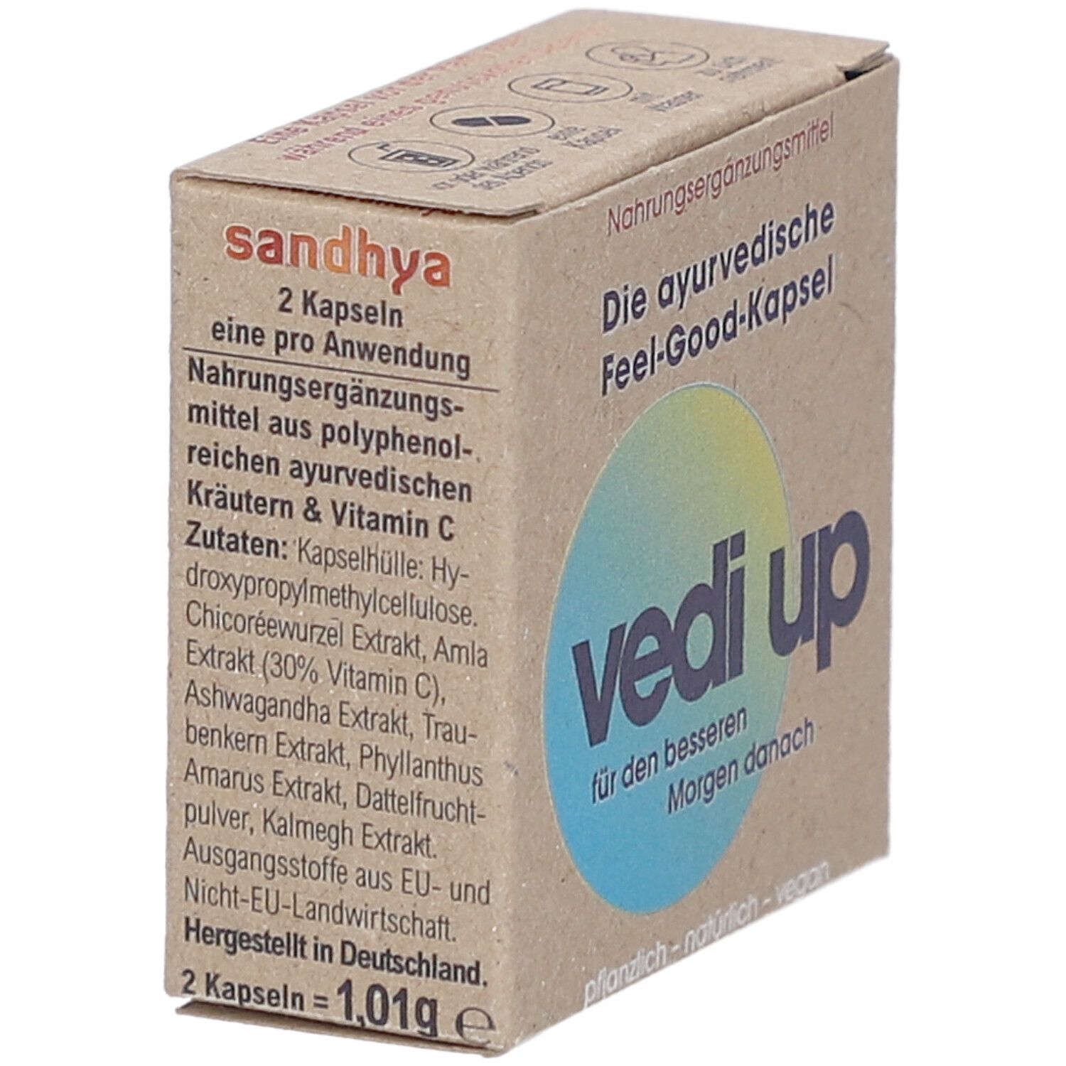 Kartonverpackung mit Produktnamen VEDI UP. Aufschrift: 2 Kapseln pro Anwendung. Zutatenliste und Nährwertangaben.