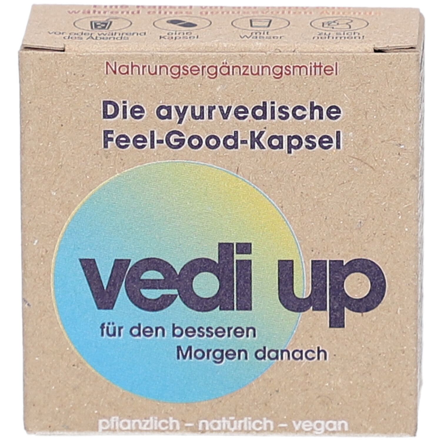 Kartonverpackung mit Produktnamen VEDI UP. Text: Die ayurvedische Feel-Good-Kapsel. Aufschrift: für den besseren Morgen danach.