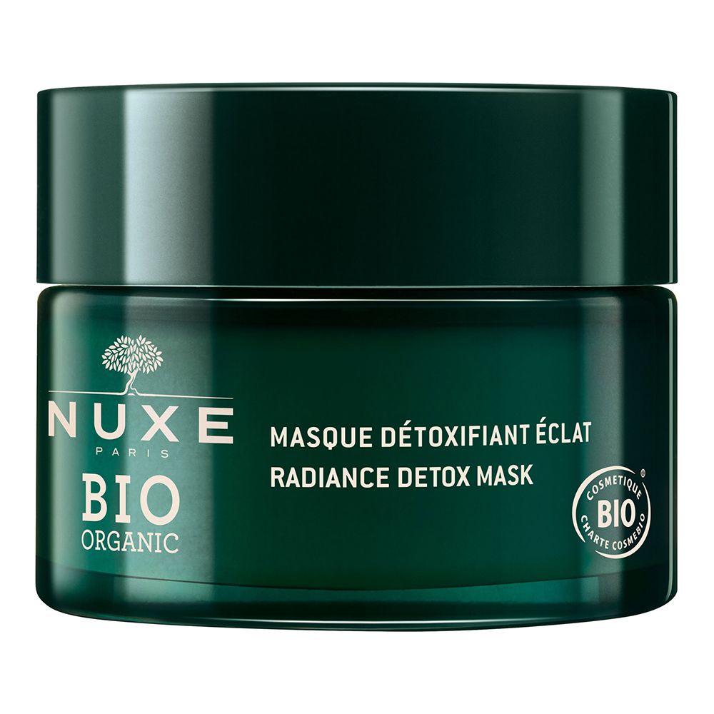 Dunkelgrüner Tiegel mit Deckel. Aufschrift: NUXE BIO ORGANIC, Masque Détoxifiant Éclat, Radiance Detox Mask. Bio-Siegel.