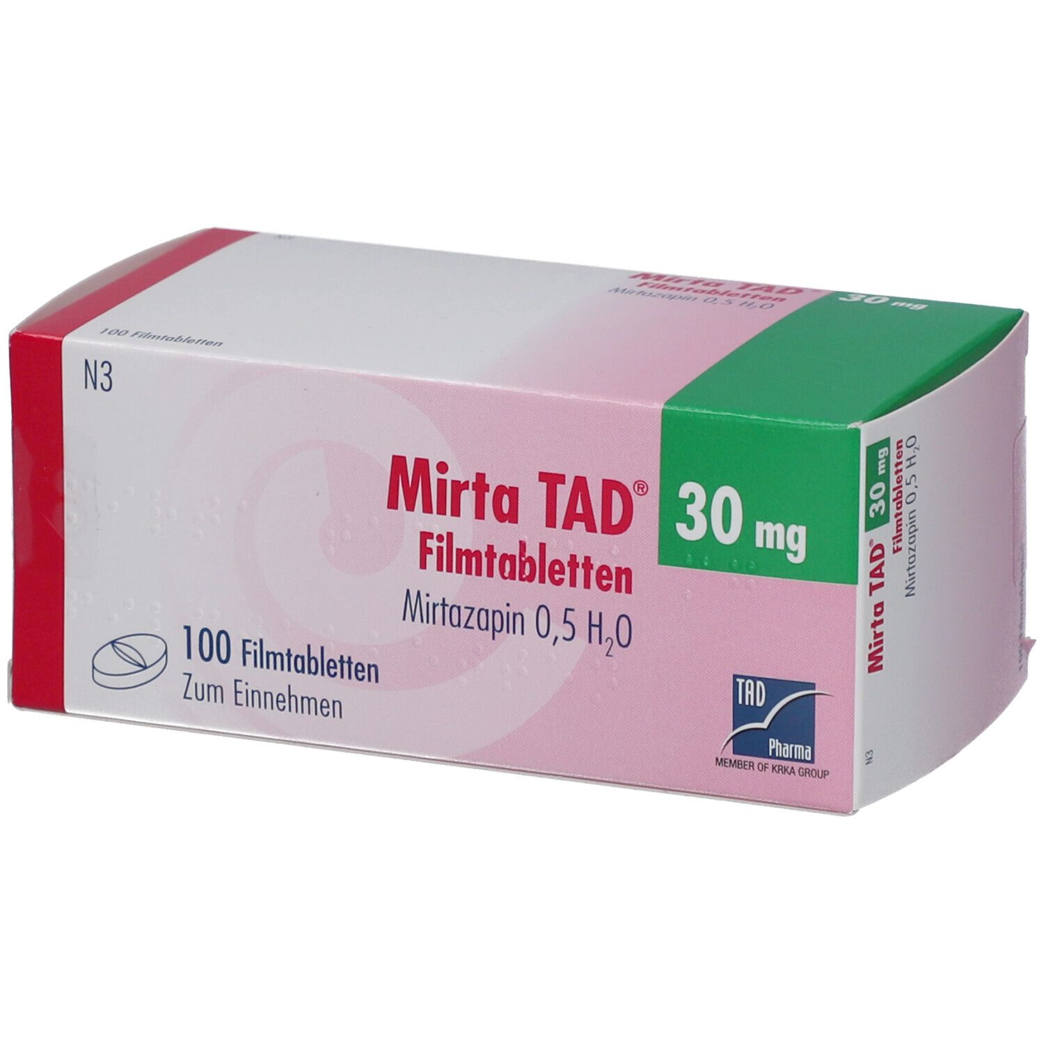 Verpackung von MIRTA TAD 30 mg Filmtabletten. Rosa-weiße Schachtel mit grünen Akzenten. Enthält 100 Tabletten.