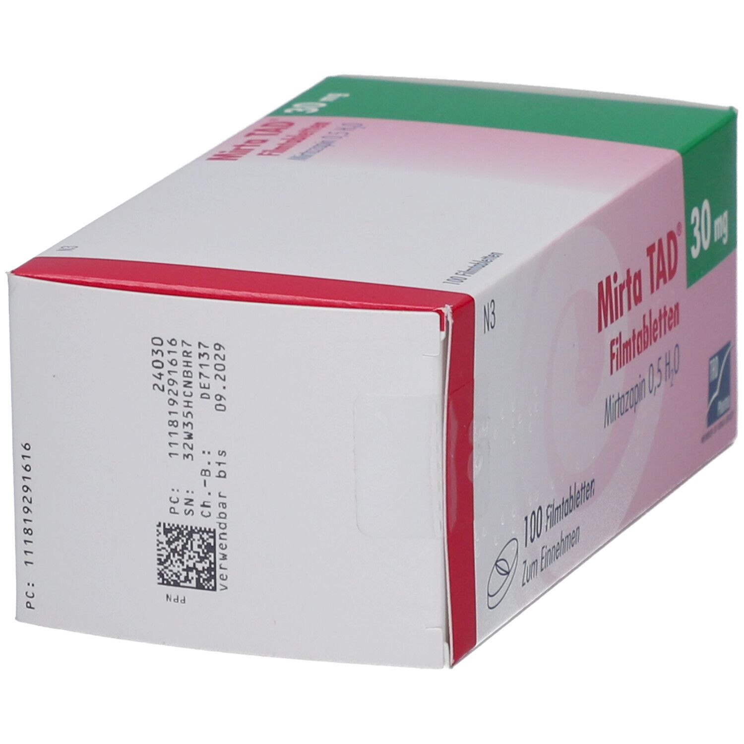 Seitenansicht der Verpackung von MIRTA TAD 30 mg Filmtabletten. Weiße Schachtel mit roten und grünen Akzenten. Text und Barcode.