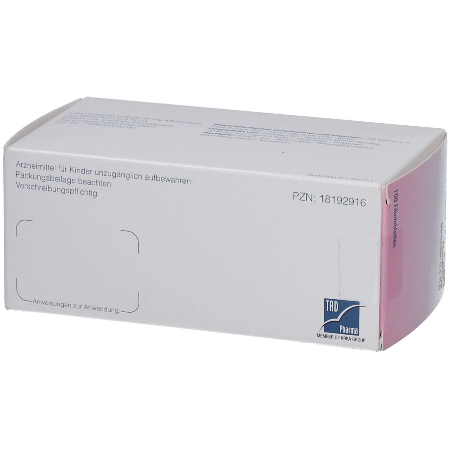 Rückseite der Verpackung von MIRTA TAD 30 mg Filmtabletten. Weiße Schachtel mit Text und Logo. Warnhinweise.