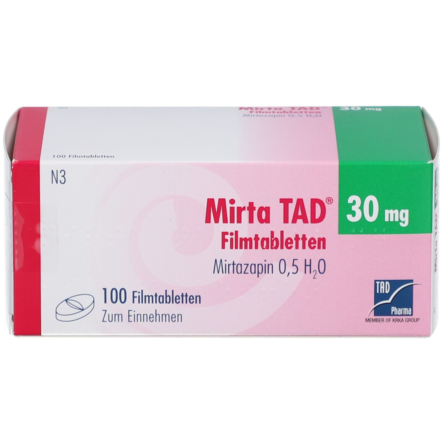 Verpackung von MIRTA TAD 30 mg Filmtabletten. Rosa-weiße Schachtel mit grünen Akzenten. Enthält 100 Tabletten. Draufsicht.