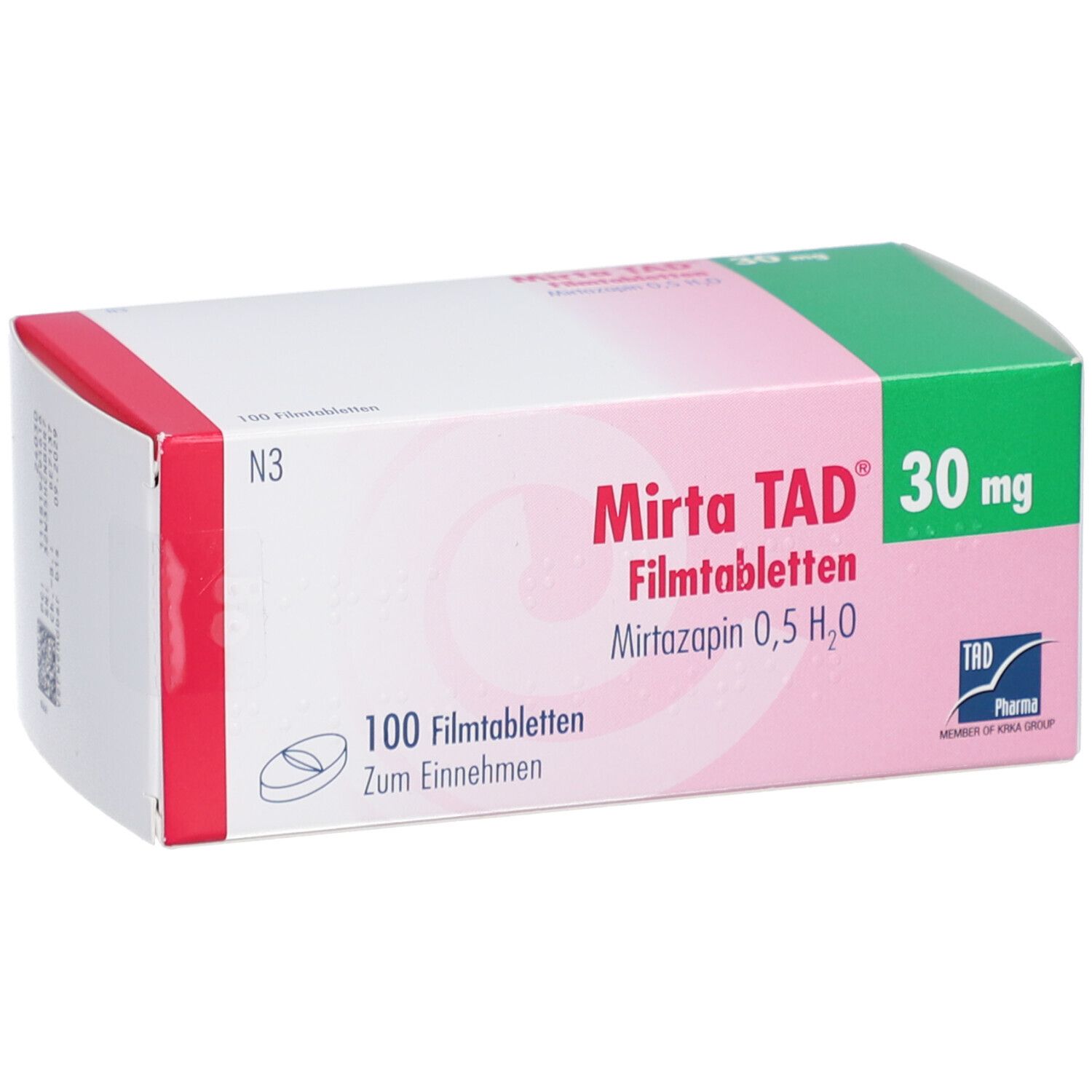 Verpackung von MIRTA TAD 30 mg Filmtabletten. Rosa-weiße Schachtel mit grünen Akzenten. Enthält 100 Tabletten. Draufsicht.