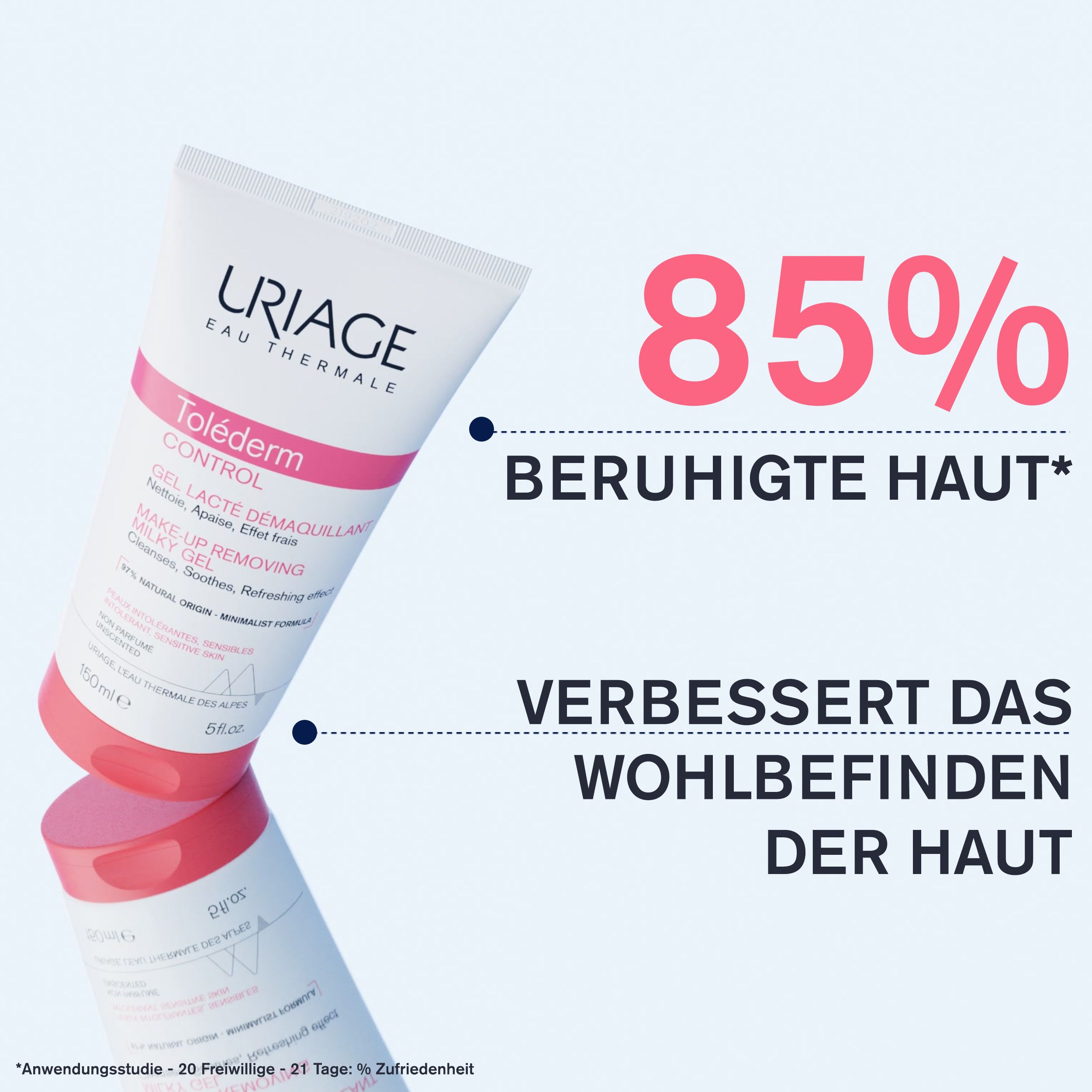 Produkt-Tube mit Text und Diagramm. Text: 85% beruhigte Haut, verbessert das Wohlbefinden der Haut.