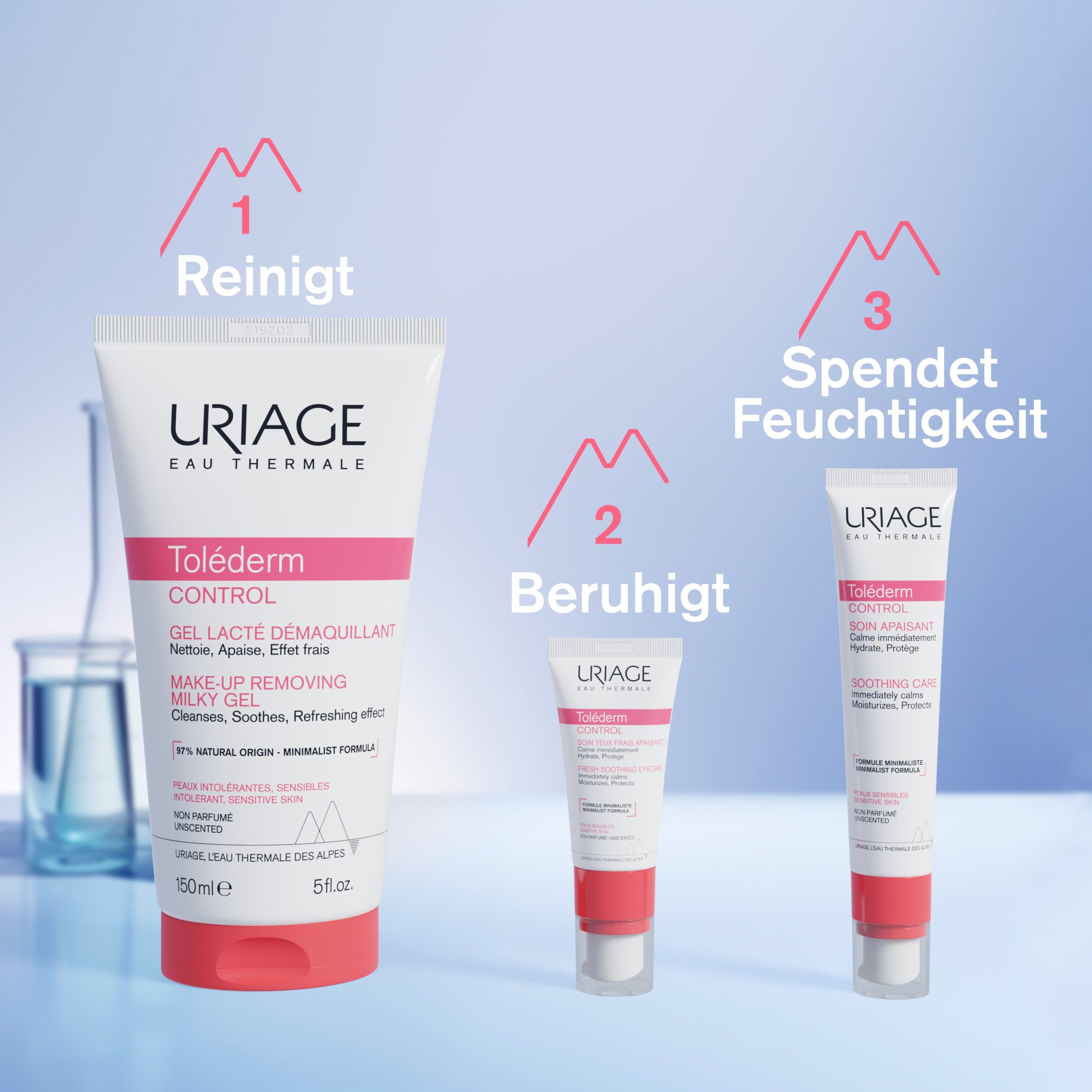 Drei Produkt-Tuben. Text: Reinigt, Beruhigt, Spendet Feuchtigkeit. Uriage, Toléderm Control, Gel Lacté Démaquillant.