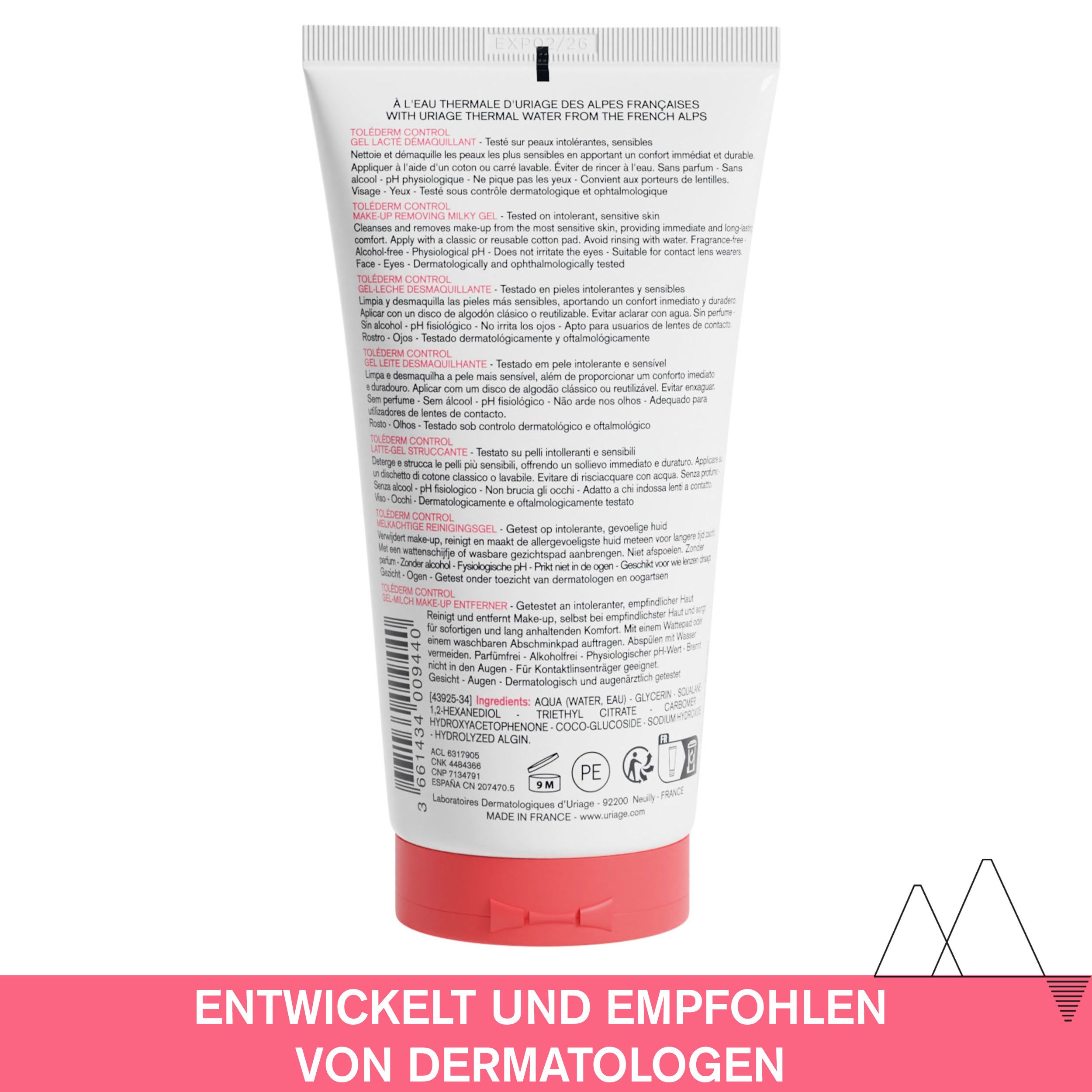 Rückseite einer Tube. Text: Gel Lacté Démaquillant, Inhaltsstoffe, Anwendungshinweise. Entwickelt und empfohlen von Dermatologen.
