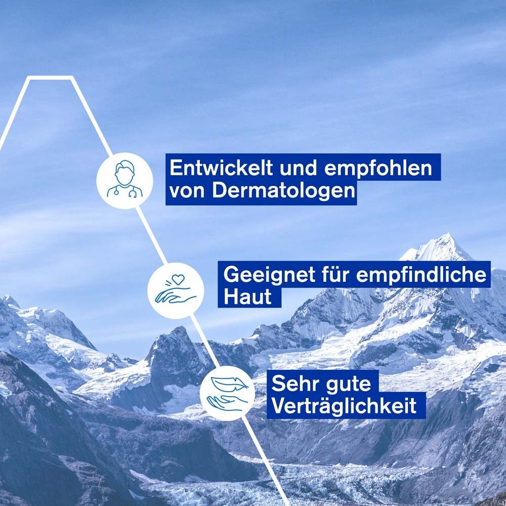 Grafik mit Text: Entwickelt und empfohlen von Dermatologen. Geeignet für empfindliche Haut. Sehr gute Verträglichkeit.