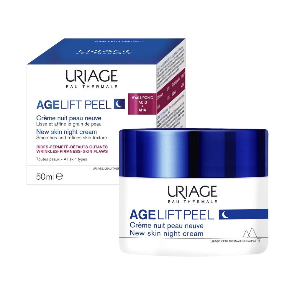 Produktverpackung mit Creme-Tiegel. Text: AGE LIFT PEEL, Crème nuit peau neuve. Mit 50ml und Text auf der Verpackung.
