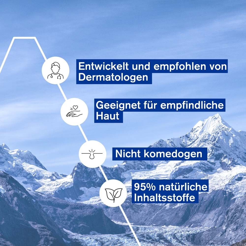 Infografik mit Produktinformationen. Text: Dermatologisch entwickelt, für empfindliche Haut, nicht komedogen.