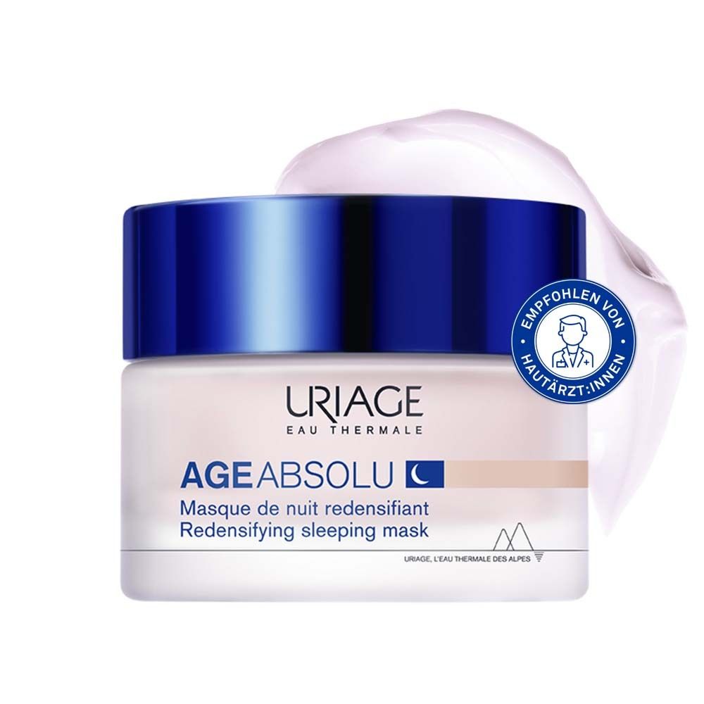 Cremebehälter mit blauem Deckel. Aufschrift: URIAGE AGE ABSOLU, Nachtmaske. Creme auf dem Deckel.