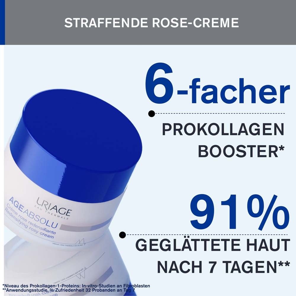 Produkt mit Text: Straffende Rosé-Creme, 6-facher Pro-Kollagen Booster, 91% glattere Haut.
