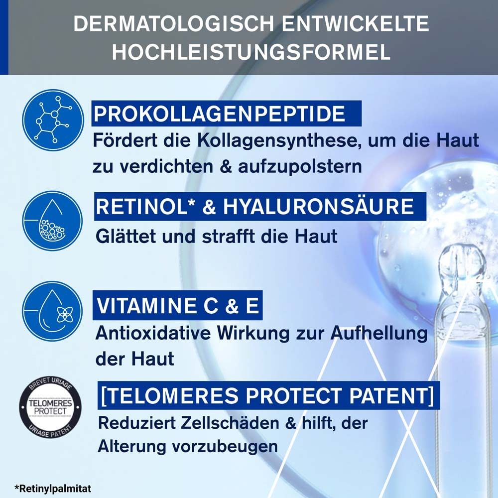 Infografik mit Inhaltsstoffen. Pro-Kollagen Peptide, Retinol & Hyaluronsäure, Vitamine C & E.