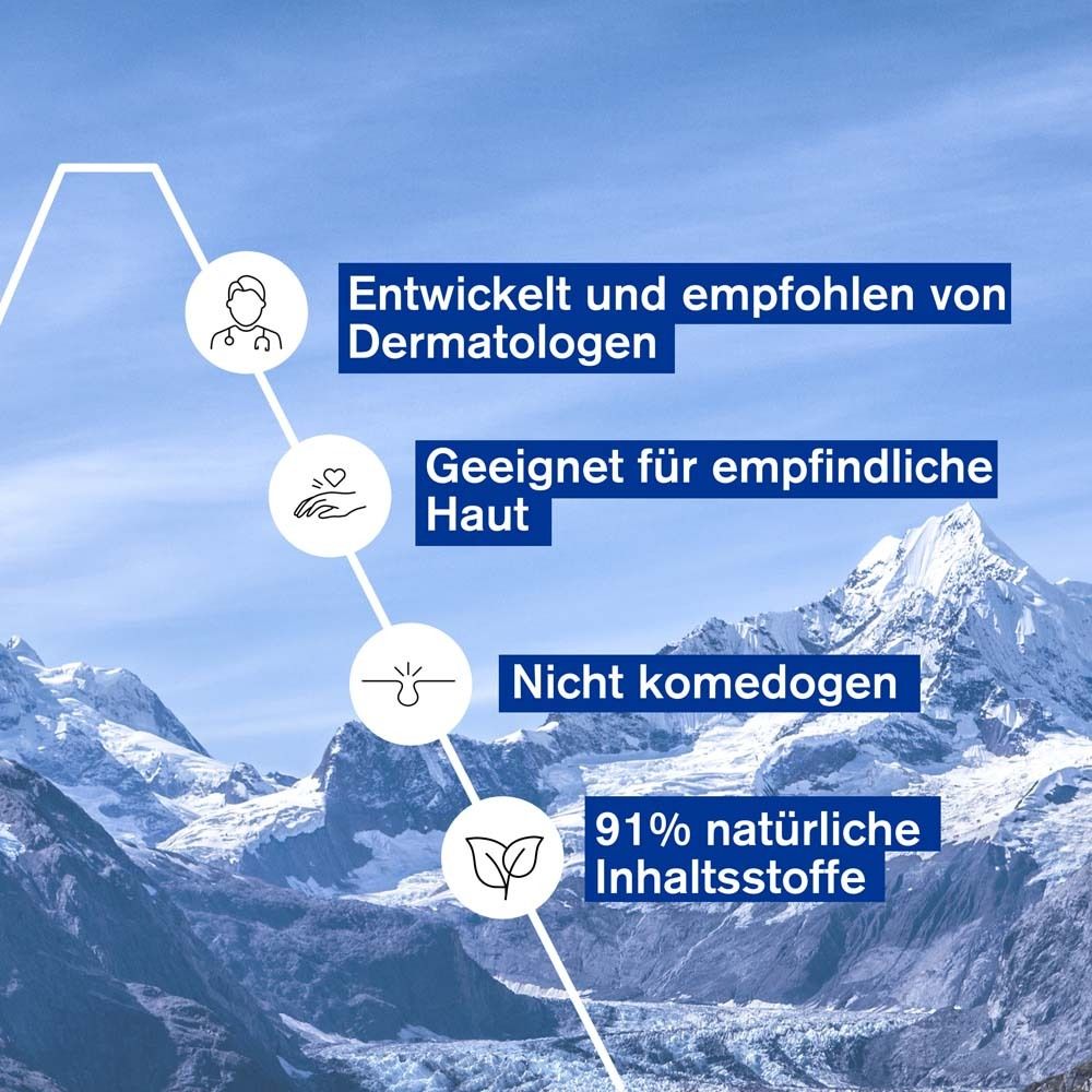 Infografik mit Text: Entwickelt von Dermatologen, für empfindliche Haut, nicht komedogen.