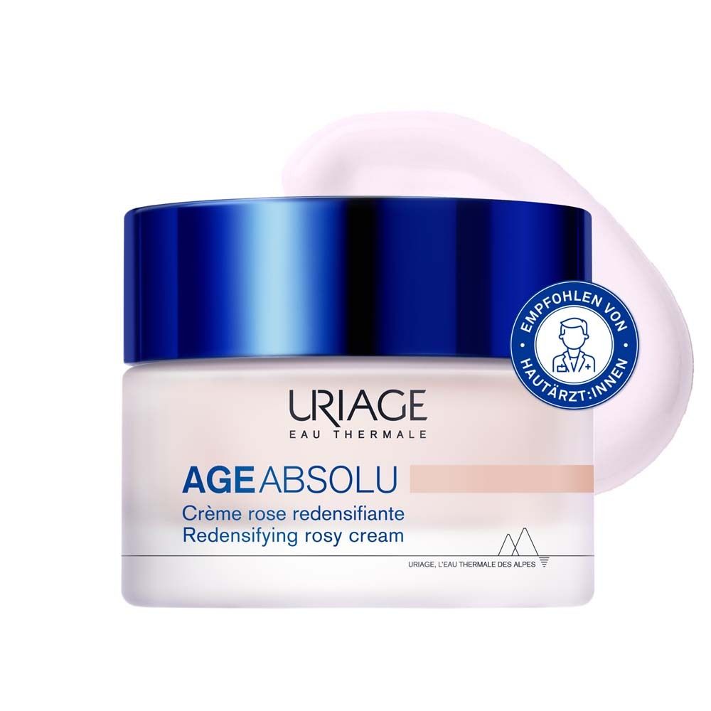 Creme-Tiegel mit blauem Deckel. Aufschrift AGE ABSOLU und Crème rose redensifiante.